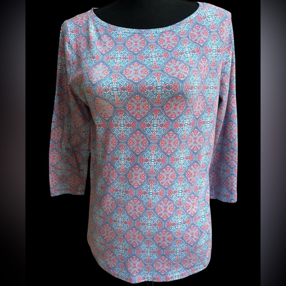 TALBOTS DAMAST PINK & BLUE CASUAL COLORFUL PRINT SUMMER TOP/ BLOUSE SZ MED💕